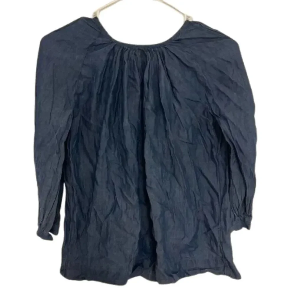 Madewell Womens XXS Chambray Blouse‎ Top 3/4 Puff Sleeve Pintuck Keyhole Neck